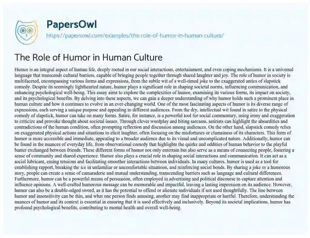 Essay on The Role of Humor in Human Culture