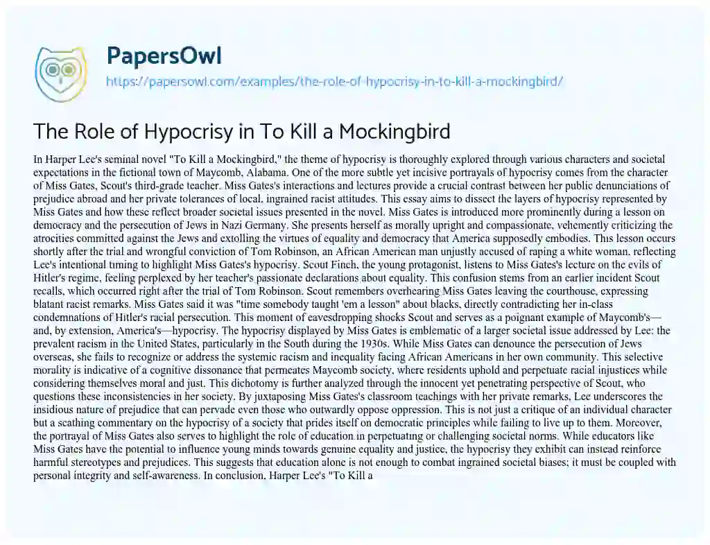 Essay on The Role of Hypocrisy in to Kill a Mockingbird