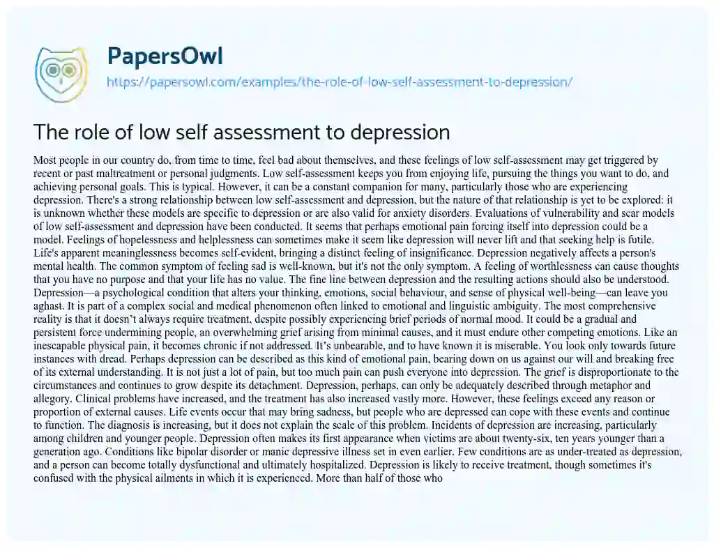 Essay on The Role of Low Self Assessment to Depression
