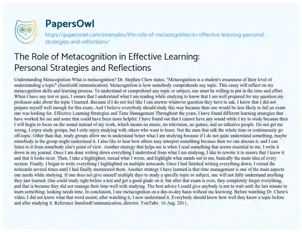 Essay on The Role of Metacognition in Effective Learning: Personal Strategies and Reflections