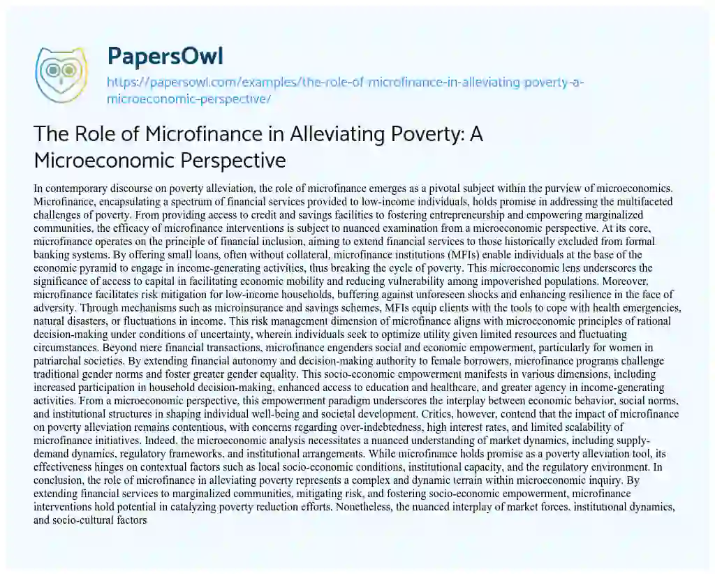 Essay on The Role of Microfinance in Alleviating Poverty: a Microeconomic Perspective