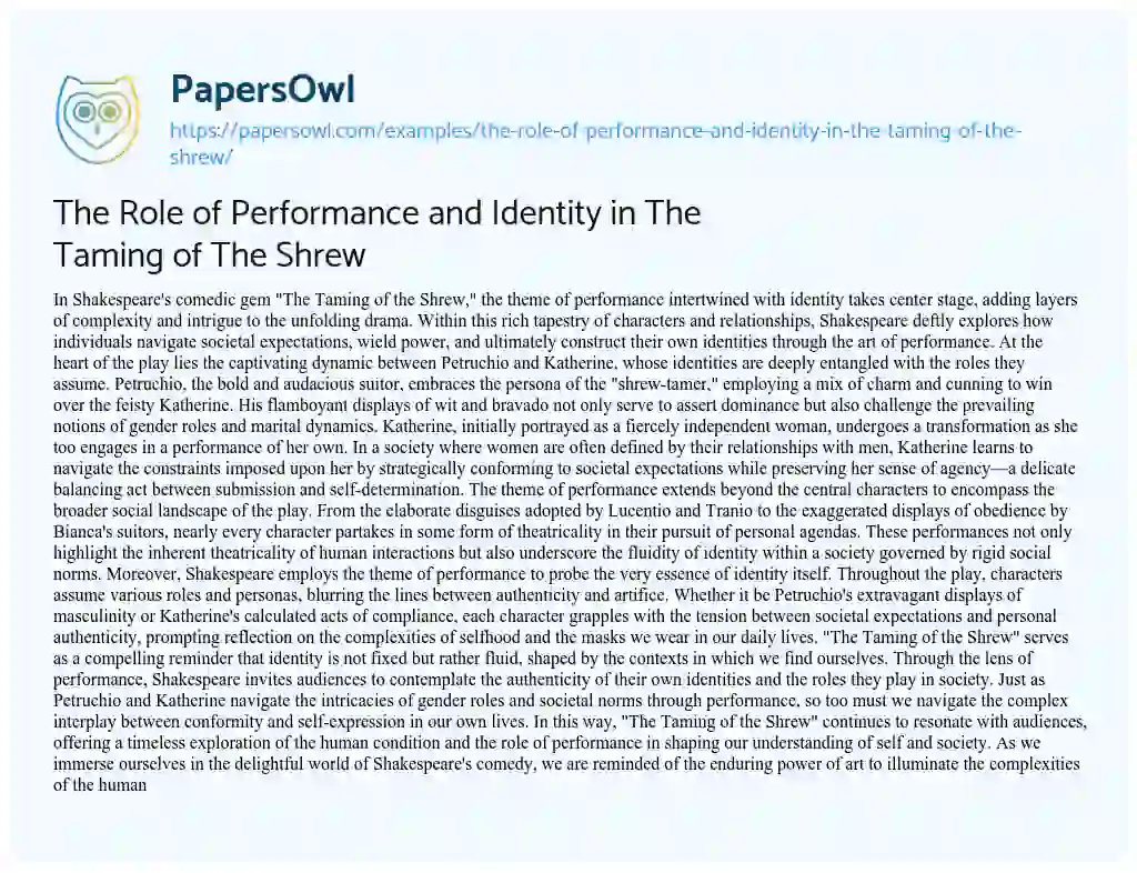 Essay on The Role of Performance and Identity in the Taming of the Shrew