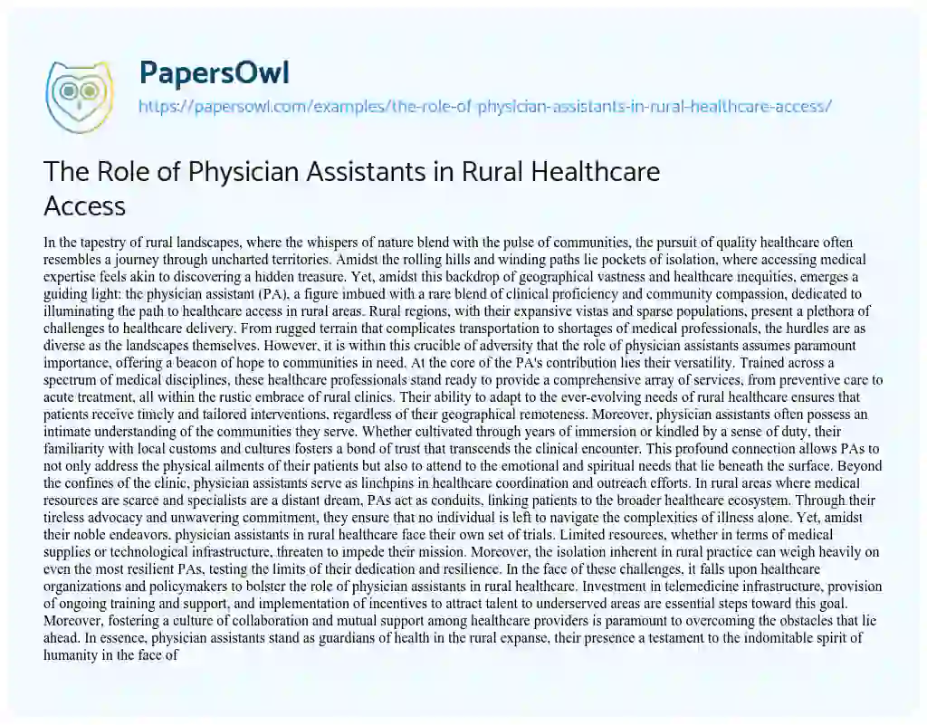 Essay on The Role of Physician Assistants in Rural Healthcare Access