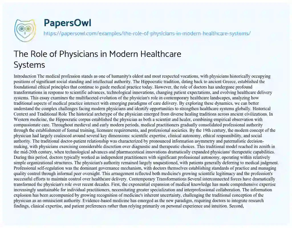 Essay on The Role of Physicians in Modern Healthcare Systems