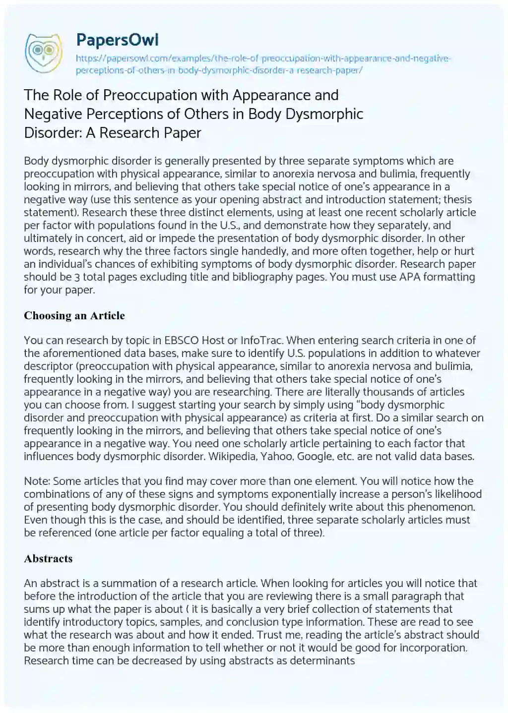 Essay on The Role of Preoccupation with Appearance and Negative Perceptions of Others in Body Dysmorphic Disorder: a Research Paper