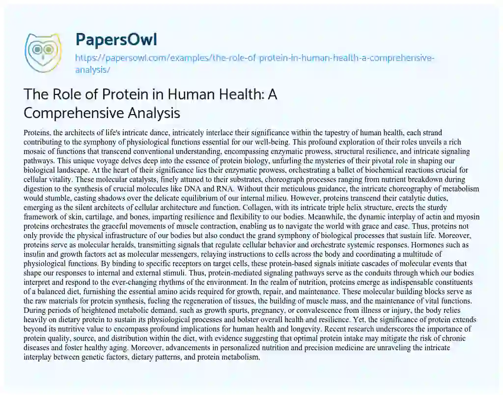 Essay on The Role of Protein in Human Health: a Comprehensive Analysis