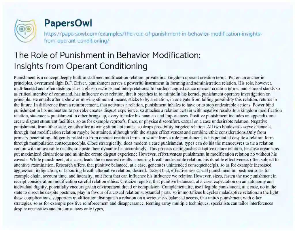 Essay on The Role of Punishment in Behavior Modification: Insights from Operant Conditioning