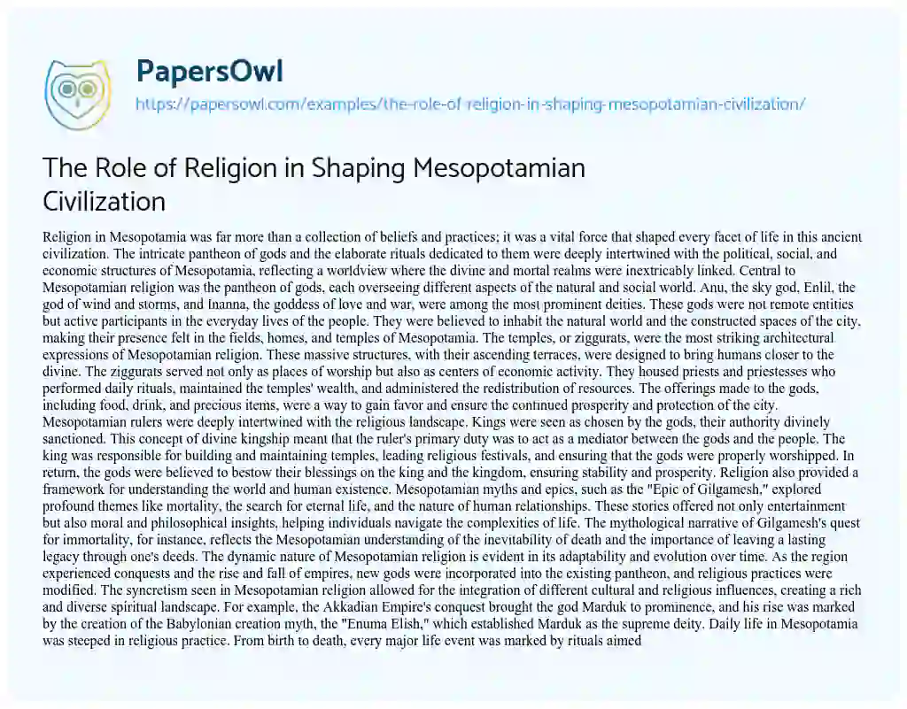 Essay on The Role of Religion in Shaping Mesopotamian Civilization