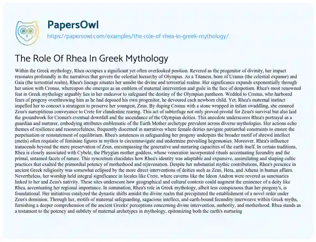 Essay on The Role of Rhea in Greek Mythology