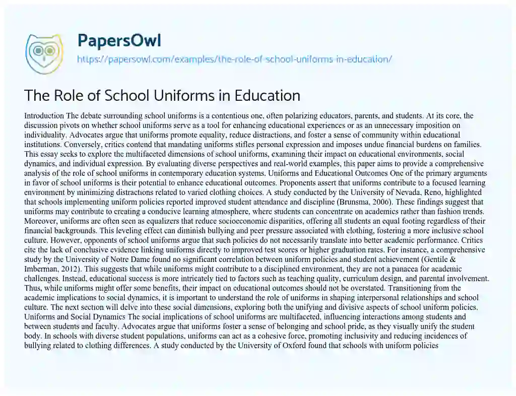 Essay on The Role of School Uniforms in Education