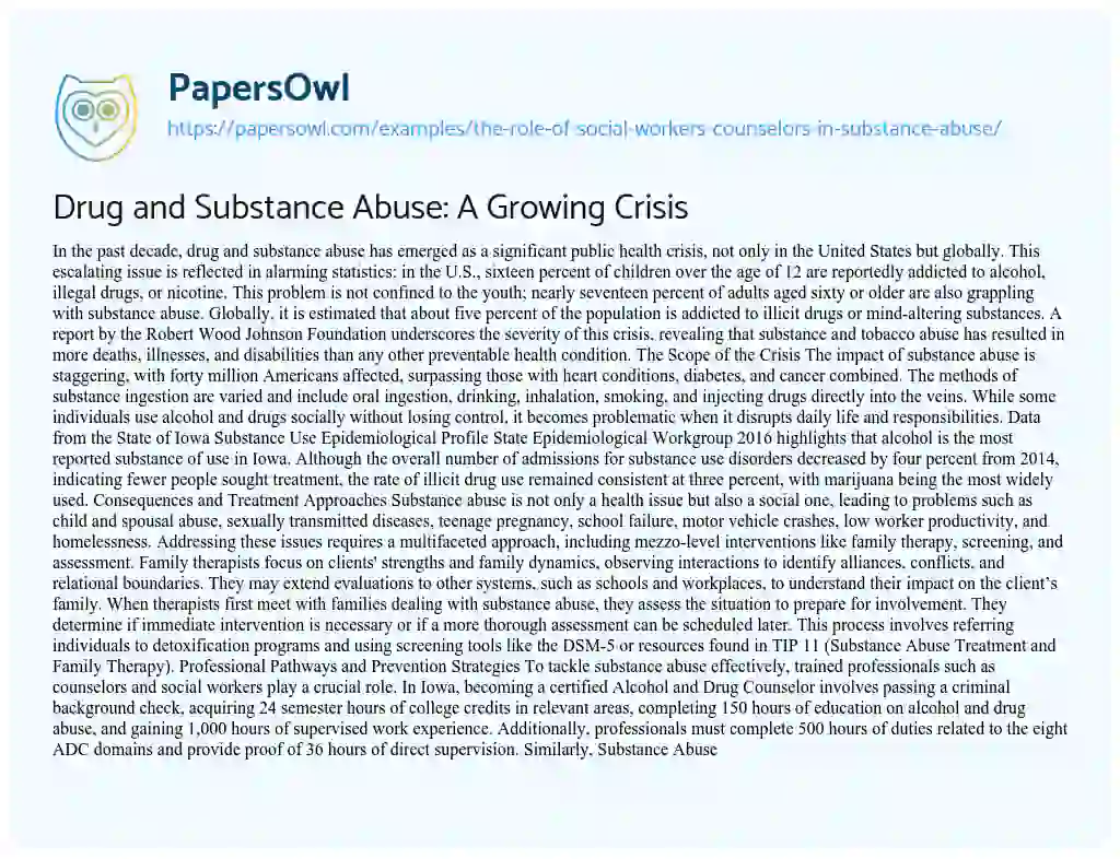 Essay on The Role of Social Workers: Counselors in Substance Abuse