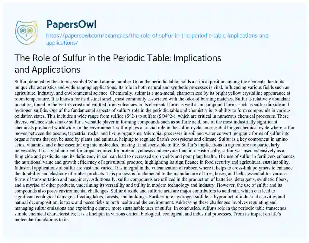 Essay on The Role of Sulfur in the Periodic Table: Implications and Applications