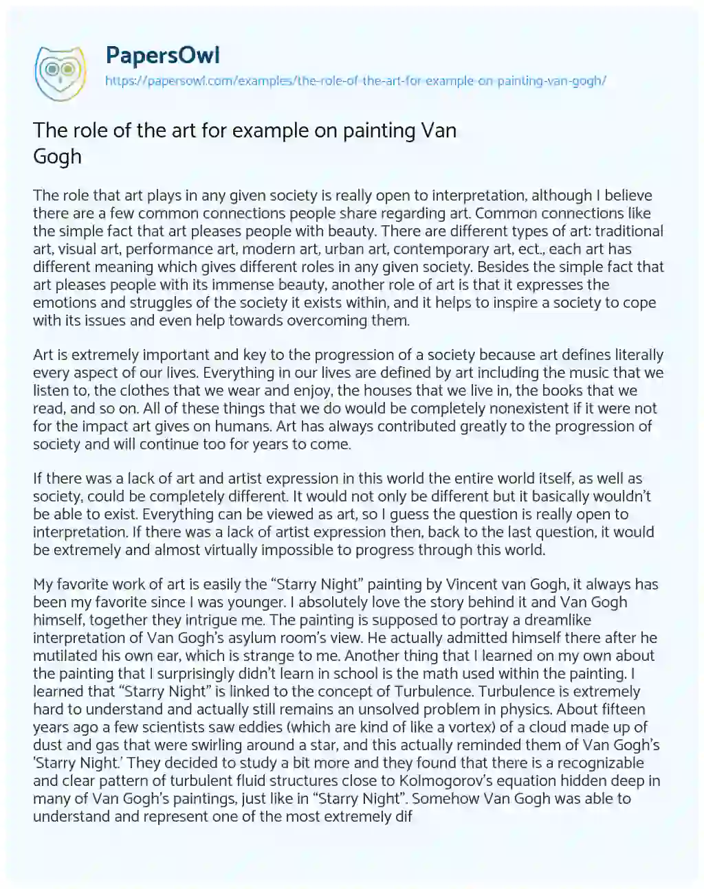 Essay on The Role of the Art for Example on Painting Van Gogh