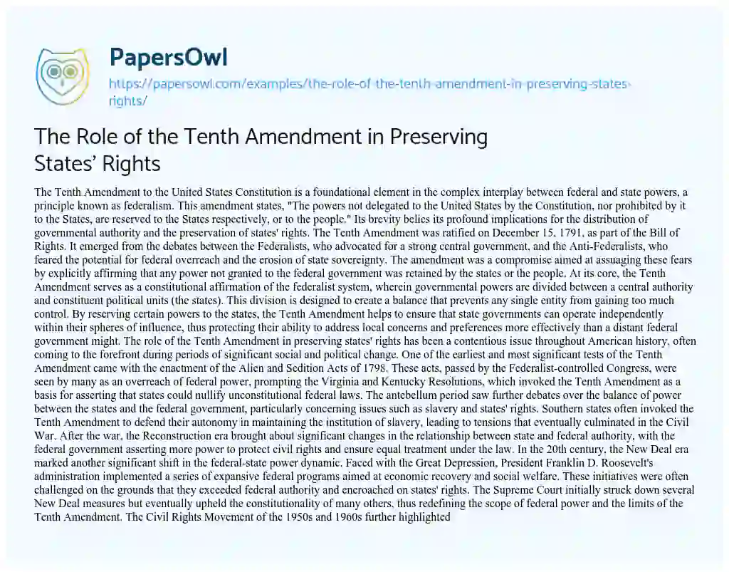 Essay on The Role of the Tenth Amendment in Preserving States’ Rights