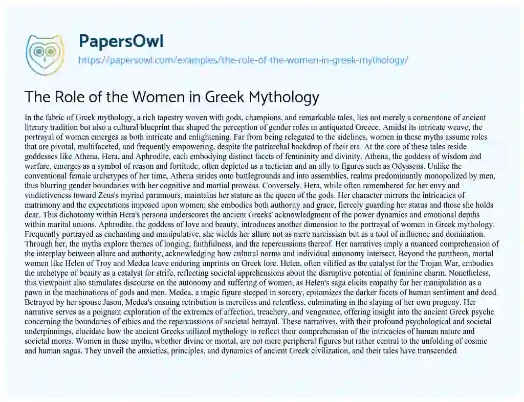 Essay on The Role of the Women in Greek Mythology