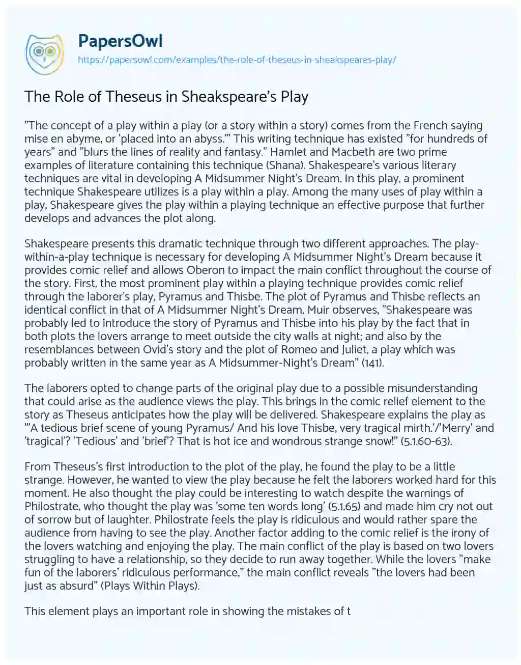 Essay on The Role of Theseus in Sheakspeare’s Play