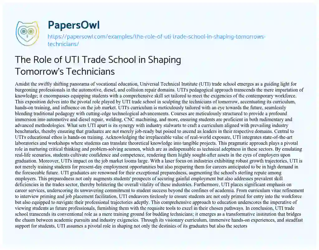 Essay on The Role of UTI Trade School in Shaping Tomorrow’s Technicians