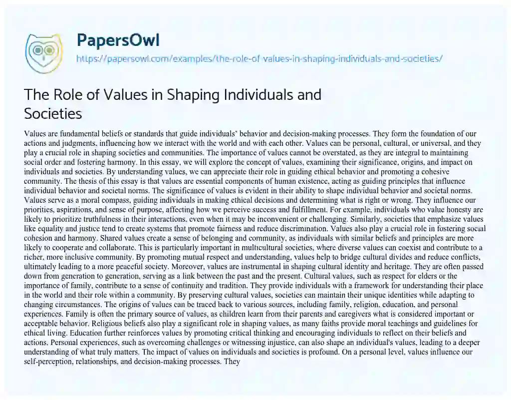 Essay on The Role of Values in Shaping Individuals and Societies