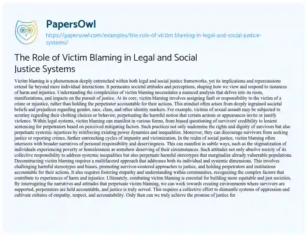 Essay on The Role of Victim Blaming in Legal and Social Justice Systems