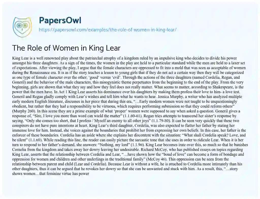 Essay on The Role of Women in King Lear