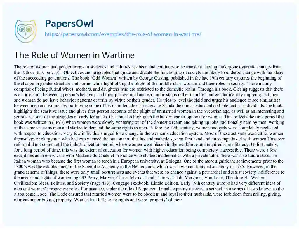 Essay on The Role of Women in Wartime