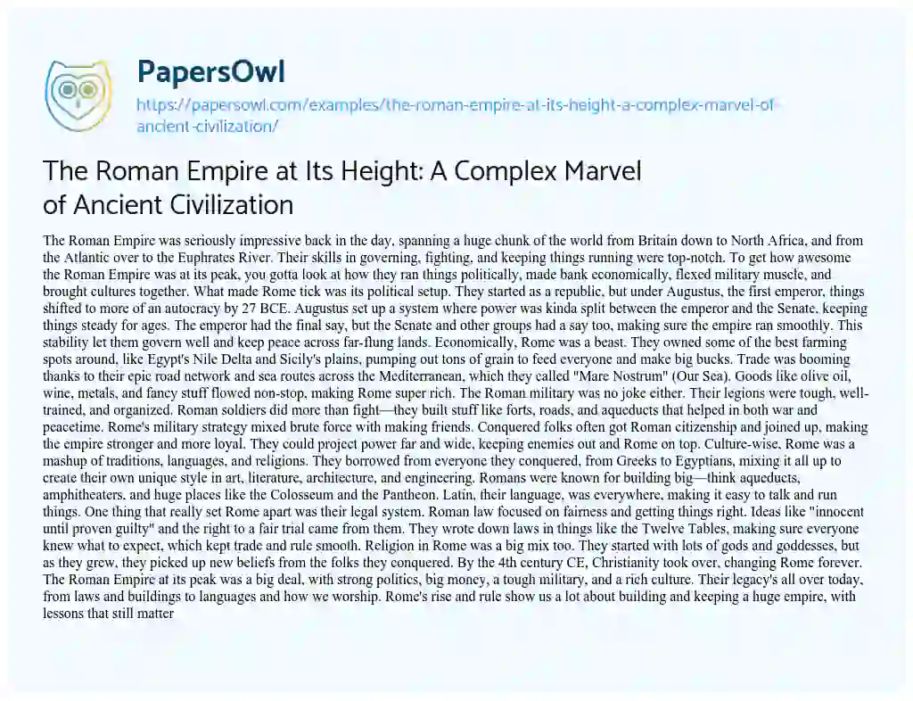 Essay on The Roman Empire at its Height: a Complex Marvel of Ancient Civilization