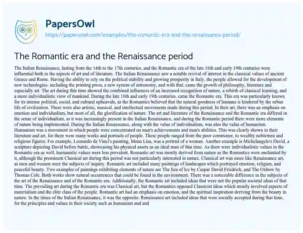 Essay on The Romantic Era and the Renaissance Period