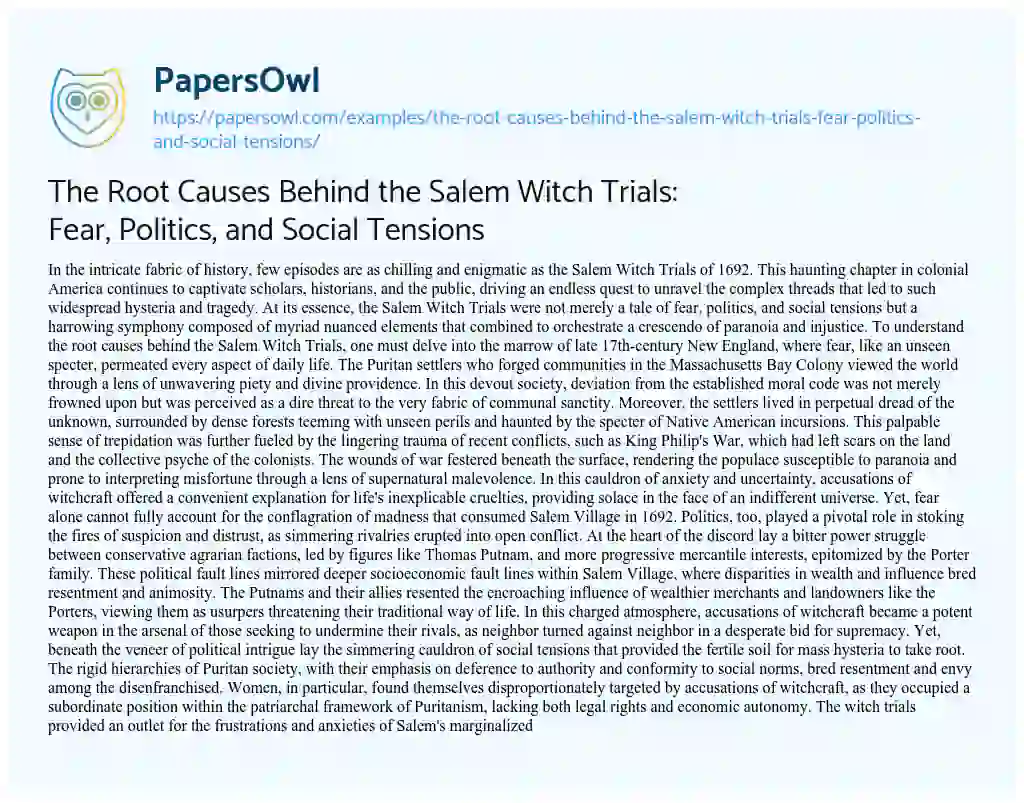 Essay on The Root Causes Behind the Salem Witch Trials: Fear, Politics, and Social Tensions