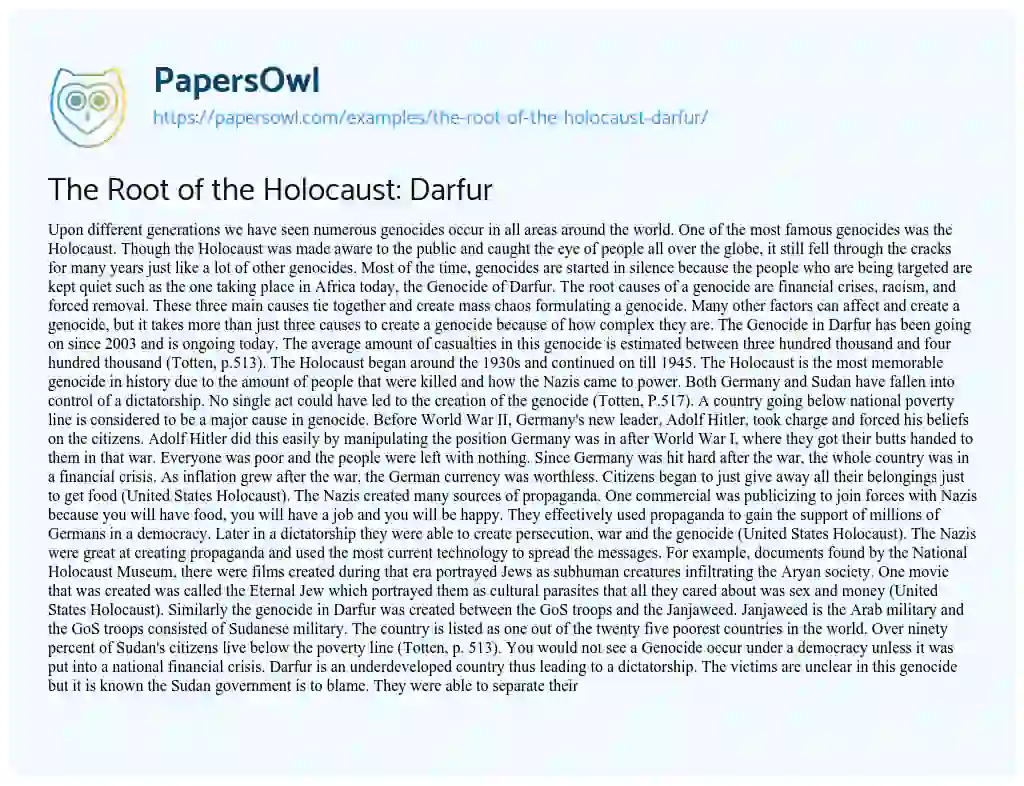 The Root of the Holocaust: Darfur essay