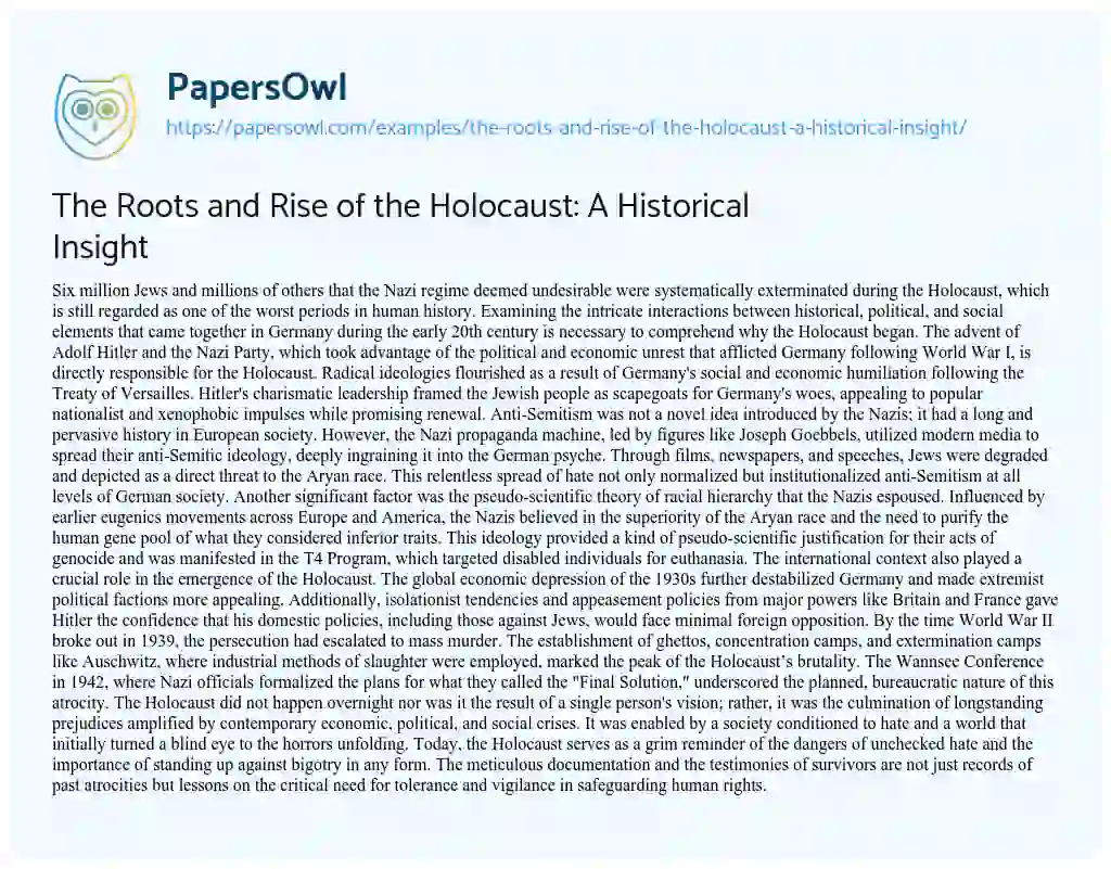 Essay on The Roots and Rise of the Holocaust: a Historical Insight