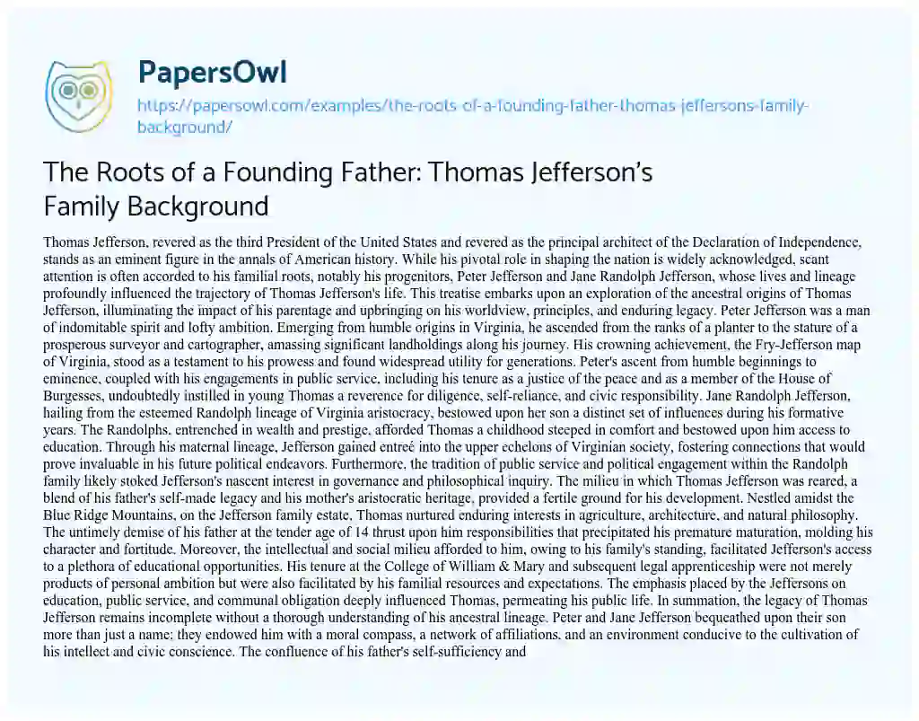 Essay on The Roots of a Founding Father: Thomas Jefferson’s Family Background