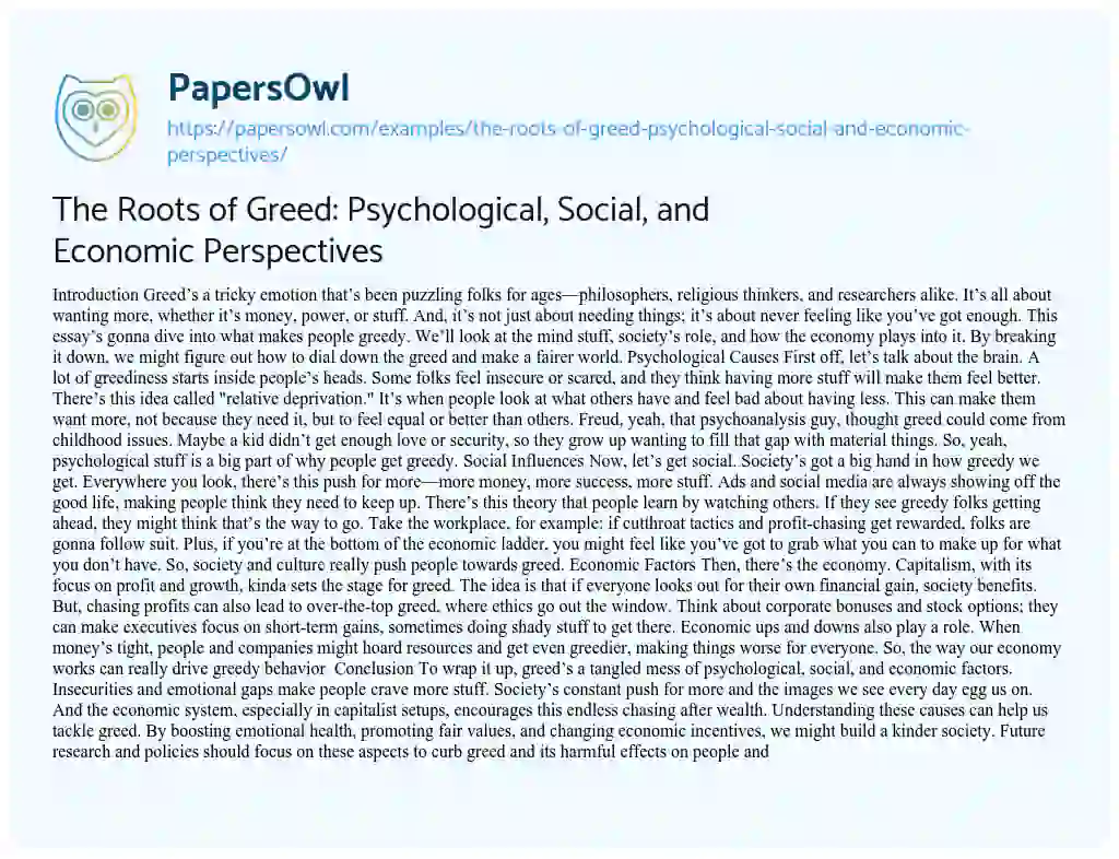 Essay on The Roots of Greed: Psychological, Social, and Economic Perspectives