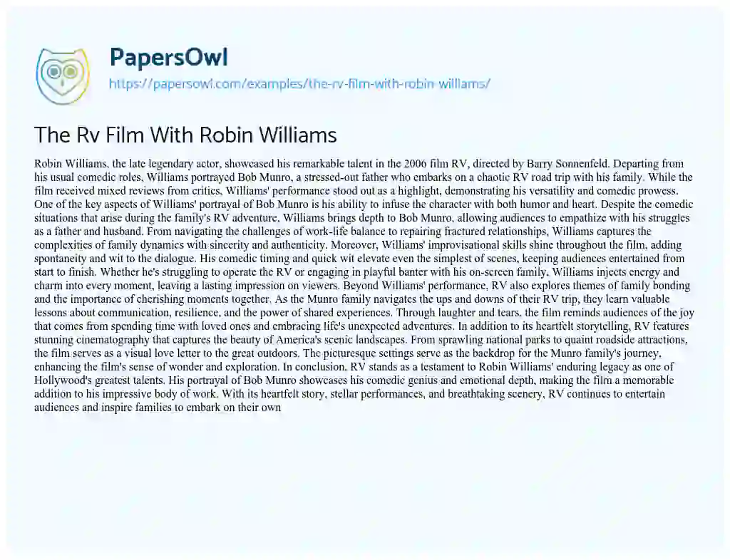 Essay on The Rv Film with Robin Williams