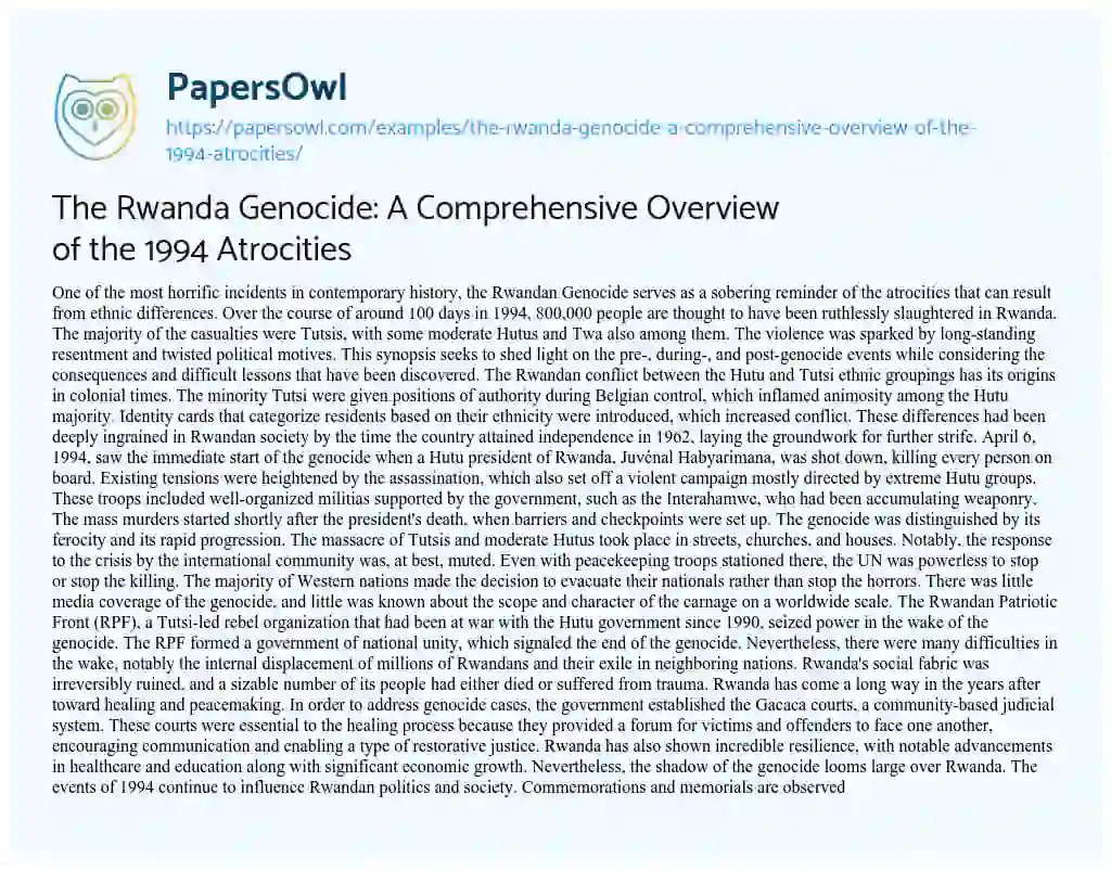 Essay on The Rwanda Genocide: a Comprehensive Overview of the 1994 Atrocities