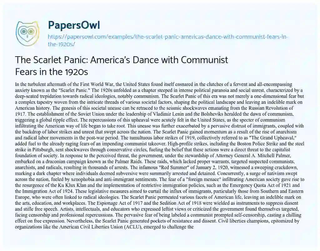 Essay on The Scarlet Panic: America’s Dance with Communist Fears in the 1920s