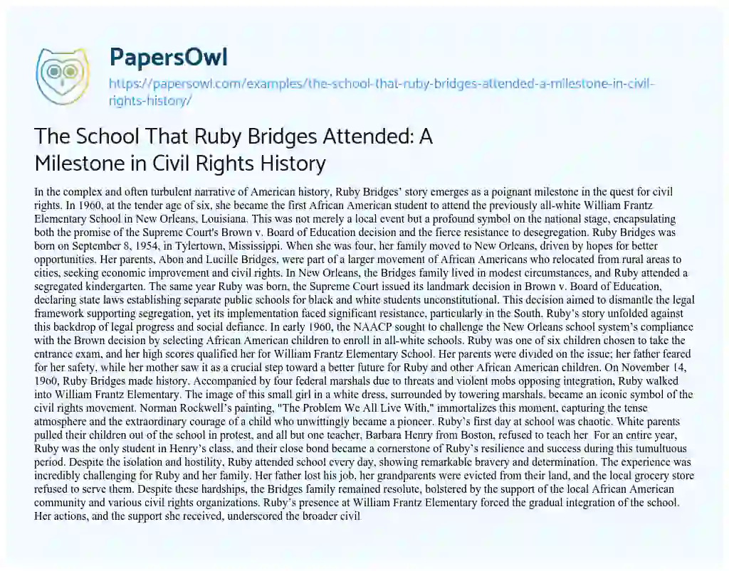 Essay on The School that Ruby Bridges Attended: a Milestone in Civil Rights History