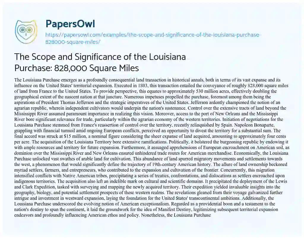 Essay on The Scope and Significance of the Louisiana Purchase: 828,000 Square Miles