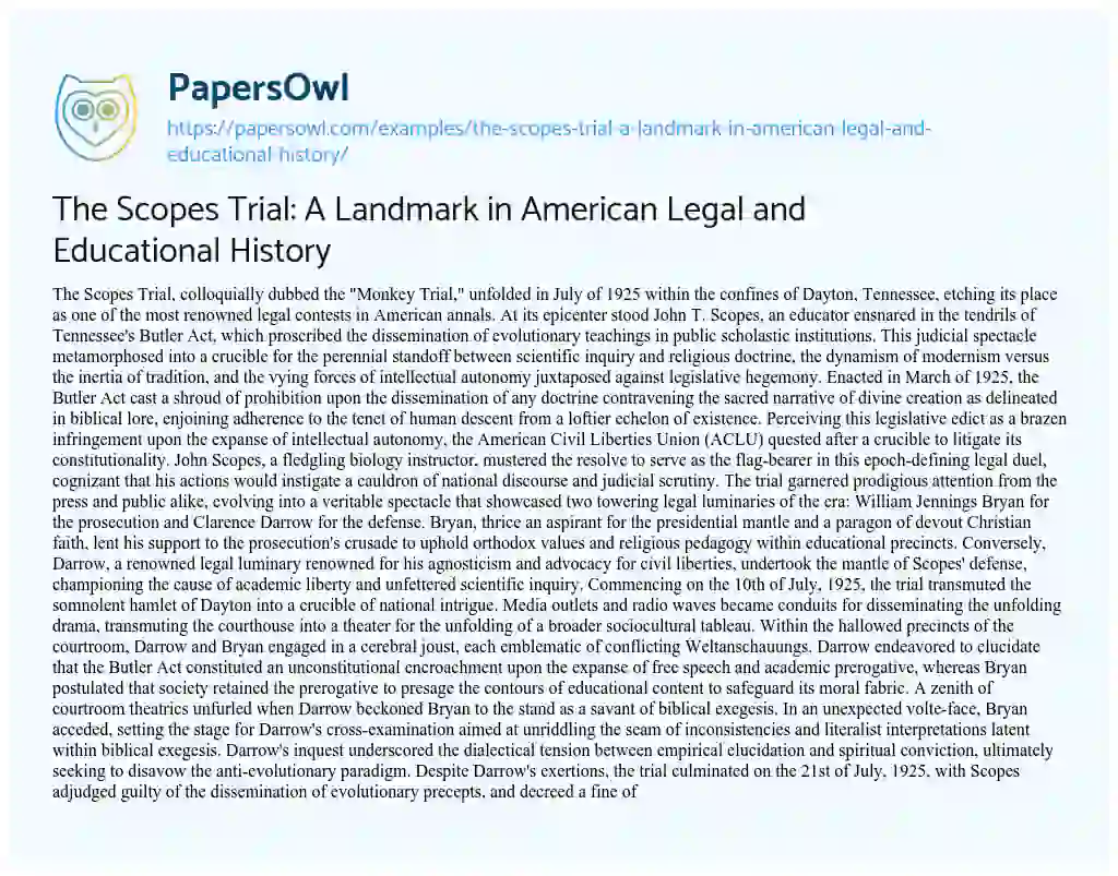 Essay on The Scopes Trial: a Landmark in American Legal and Educational History
