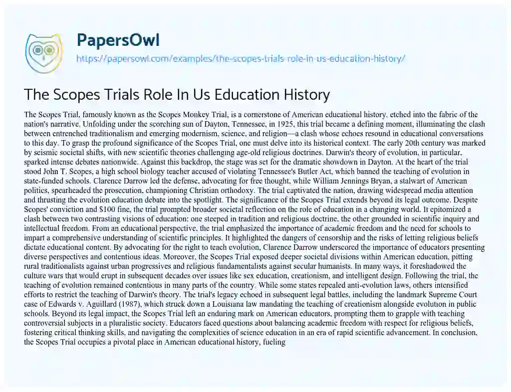 Essay on The Scopes Trials Role in Us Education History