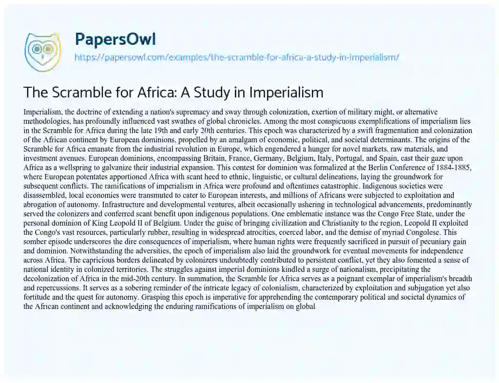 Essay on The Scramble for Africa: a Study in Imperialism