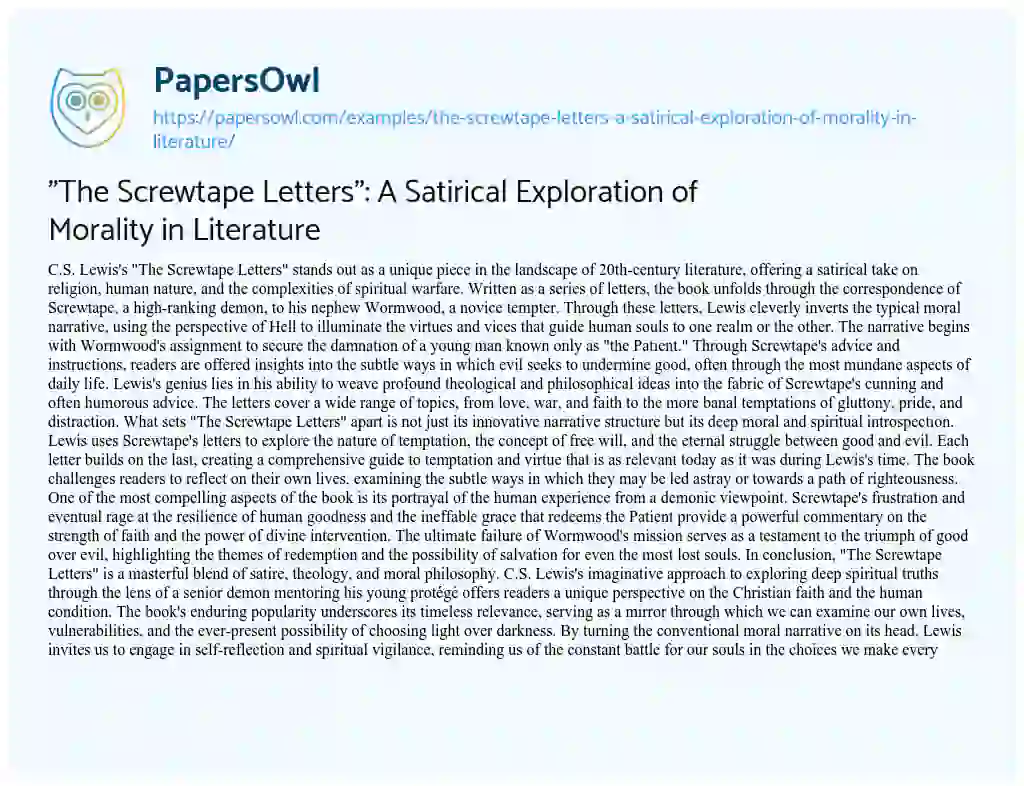 Essay on “The Screwtape Letters”: A Satirical Exploration of Morality in Literature