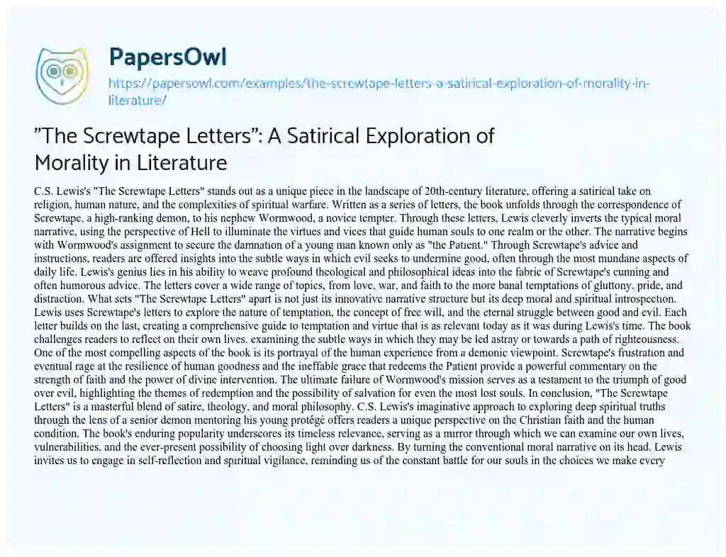 Essay on “The Screwtape Letters”: a Satirical Exploration of Morality in Literature