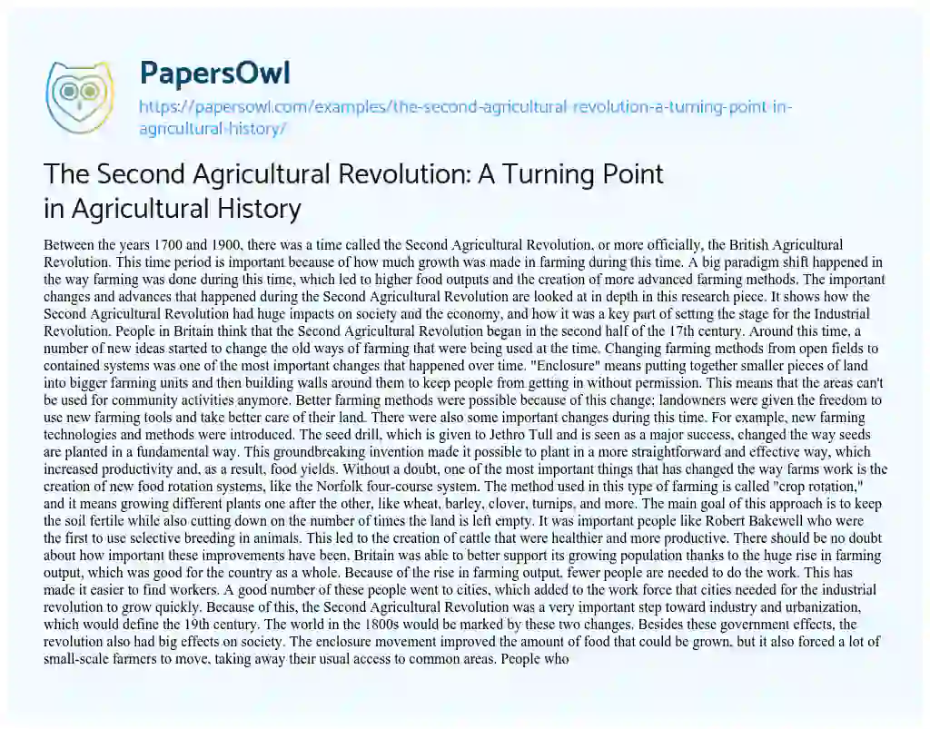 Essay on The Second Agricultural Revolution: a Turning Point in Agricultural History