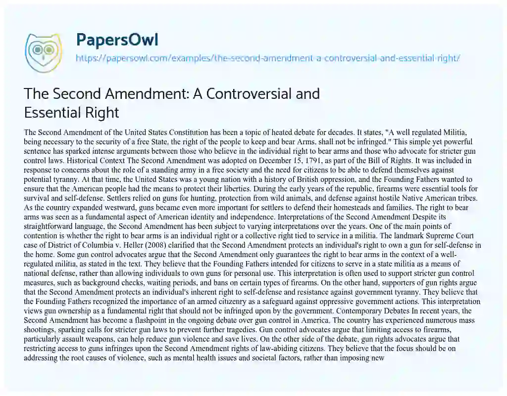 Essay on The Second Amendment: A Controversial and Essential Right