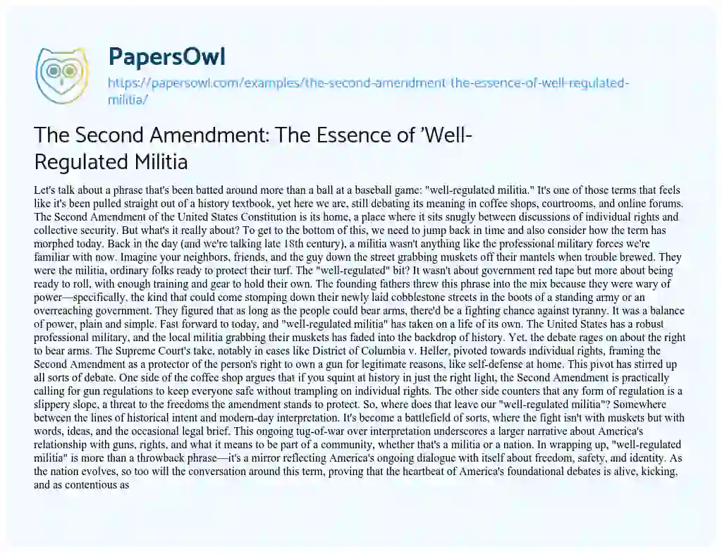 Essay on The Second Amendment: the Essence of ‘Well-Regulated Militia