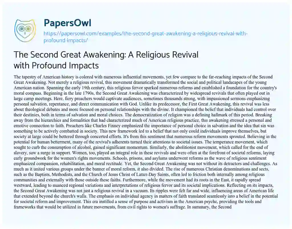 Essay on The Second Great Awakening: a Religious Revival with Profound Impacts