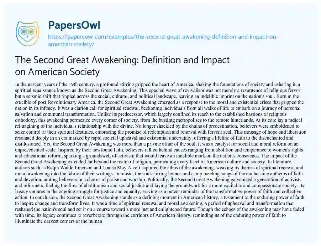 Essay on The Second Great Awakening: Definition and Impact on American Society