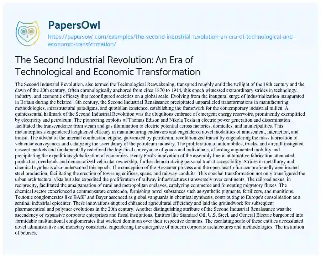 Essay on The Second Industrial Revolution: an Era of Technological and Economic Transformation