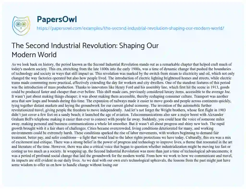 Essay on The Second Industrial Revolution: Shaping our Modern World