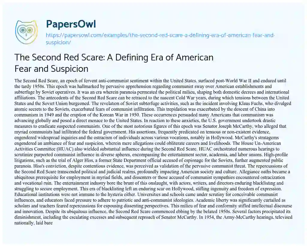 Essay on The Second Red Scare: a Defining Era of American Fear and Suspicion